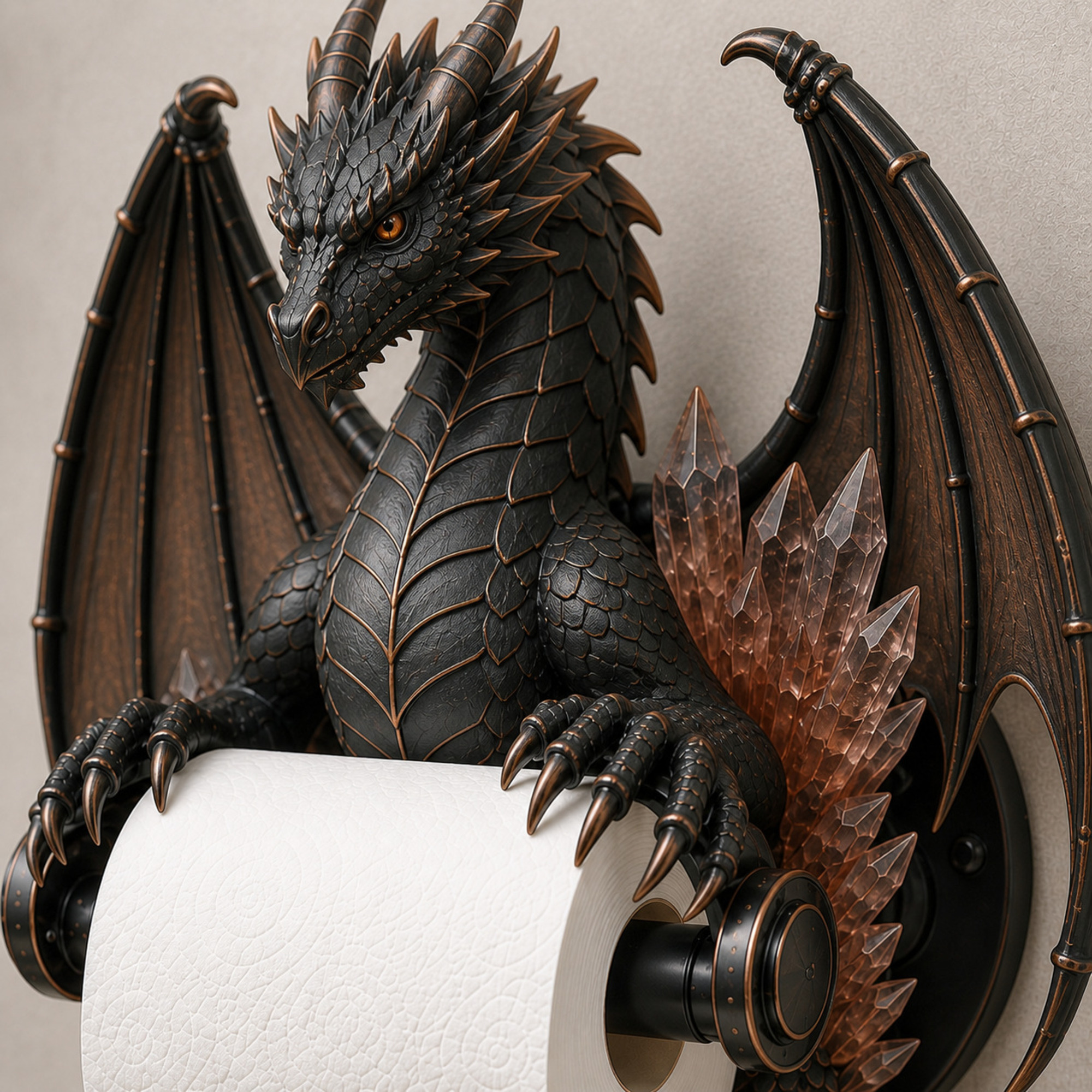 Black crystal dragon toilet paper holder close-up details