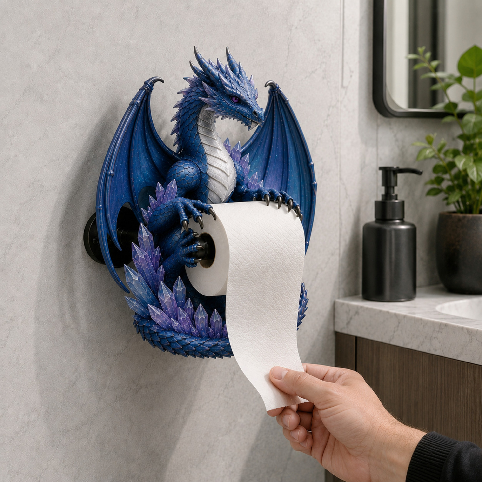 Blue crystal dragon toilet paper holder being used in bathroom