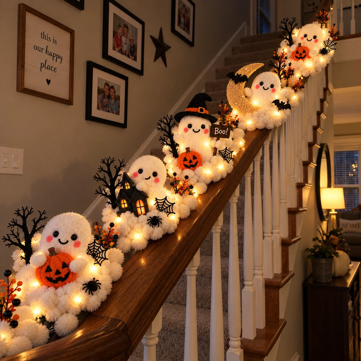 Ghost decorations on a staircase at night
