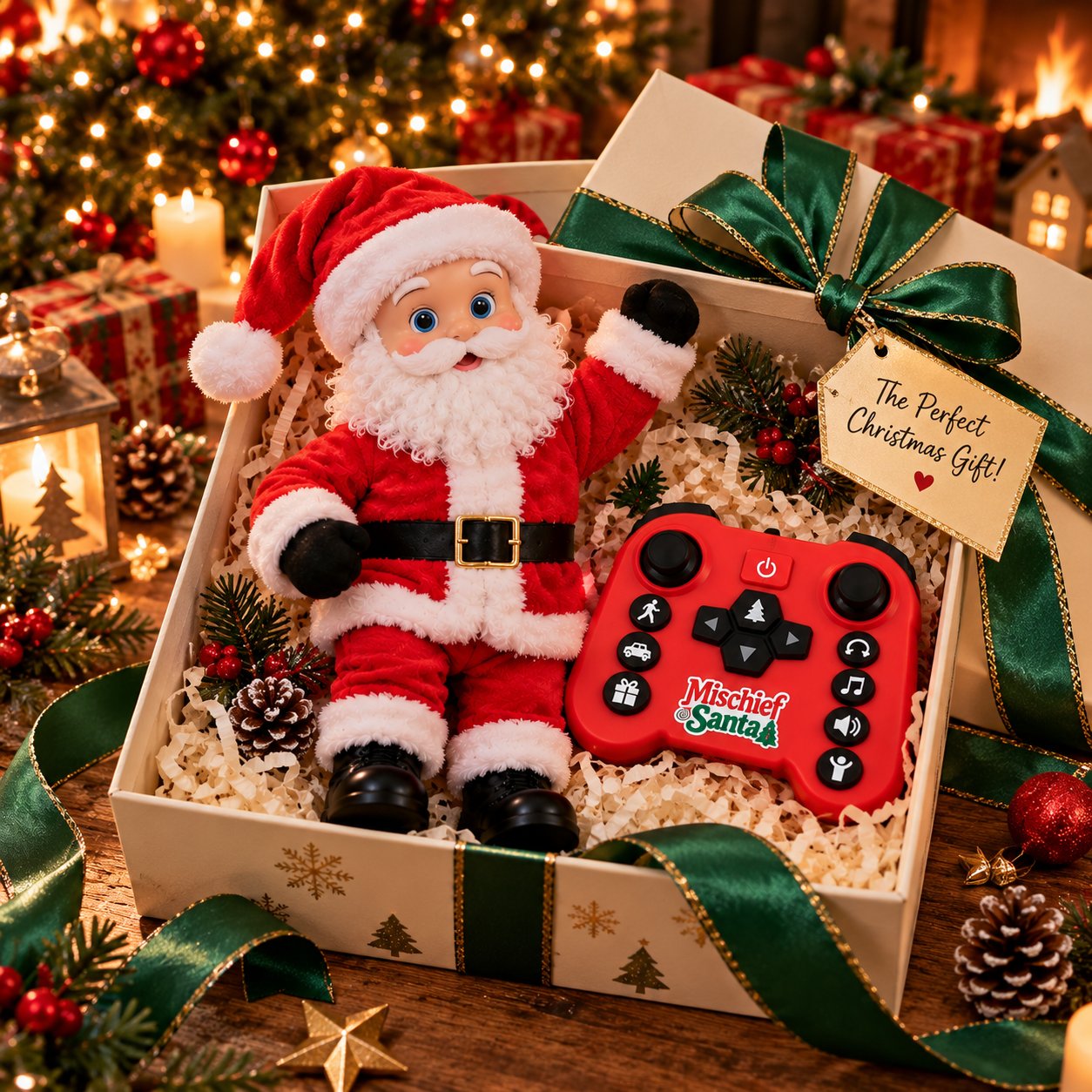 Santa figure and red handheld controller arranged in a Christmas gift presentation