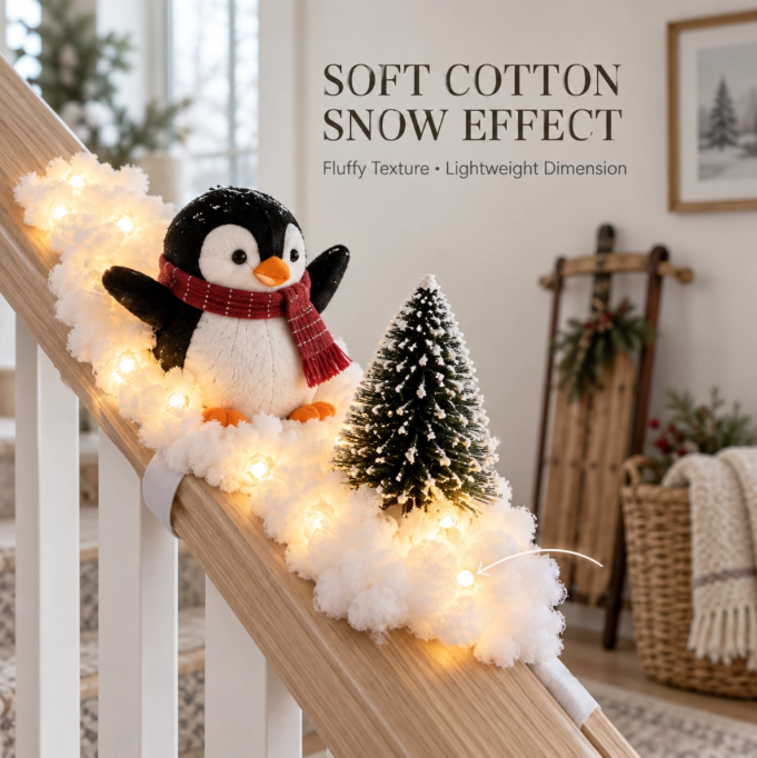 Soft snowy texture with penguin and miniature Christmas tree