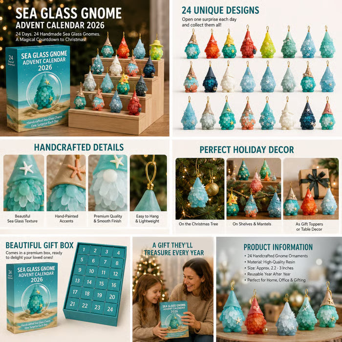 Sea Glass Gnome Advent Calendar with 24 designs and holiday decorating ideas