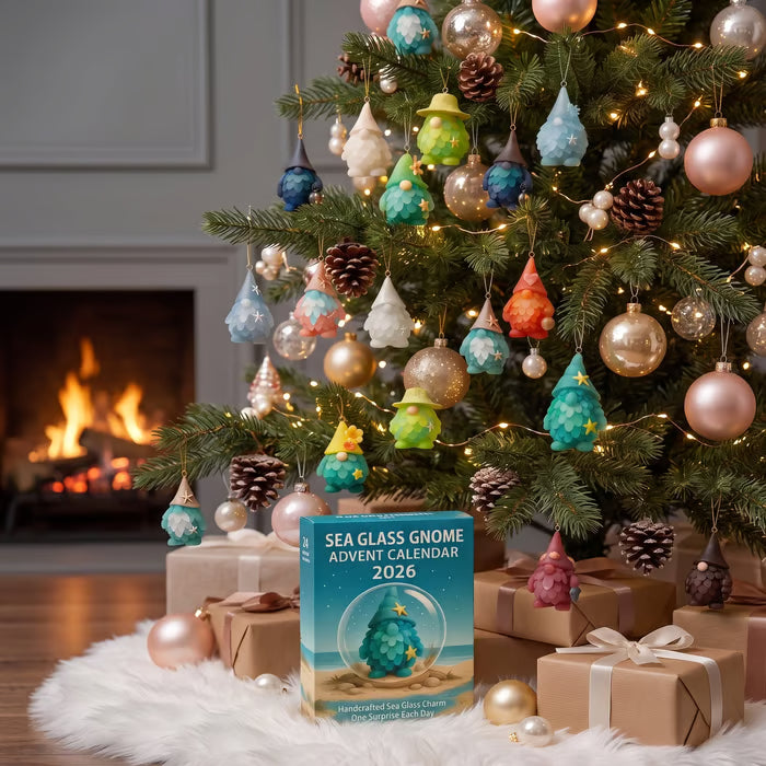 Colorful coastal gnome ornaments hanging on a Christmas tree