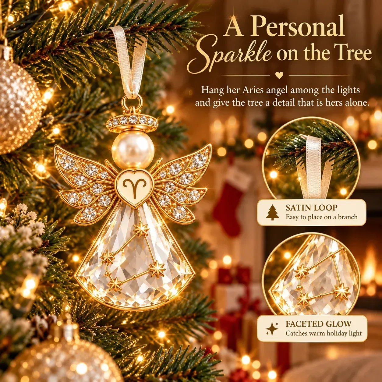 Selected zodiac keepsake hanging from a Christmas tree branch