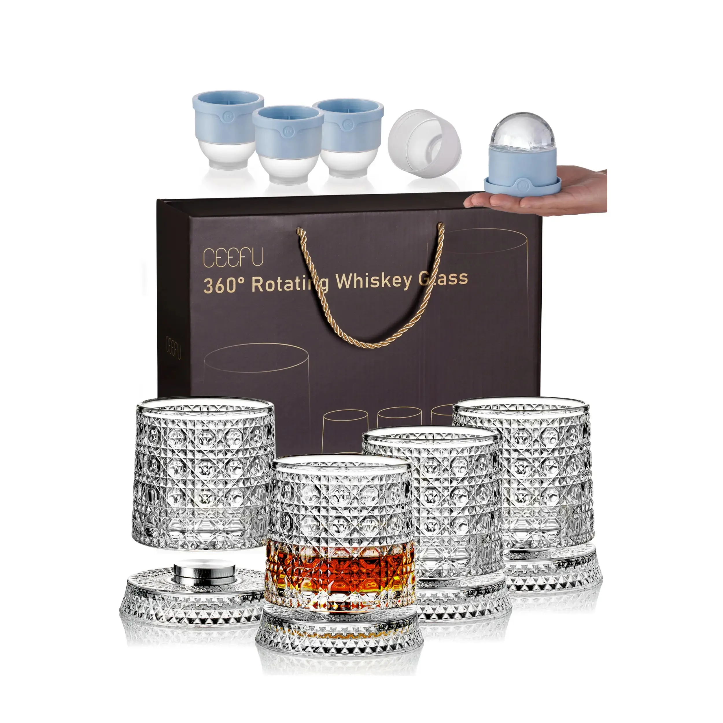 4-Pack Rotating Crystal Whiskey Glasses with4 Ice Ball Molds & 🎁Gift Box