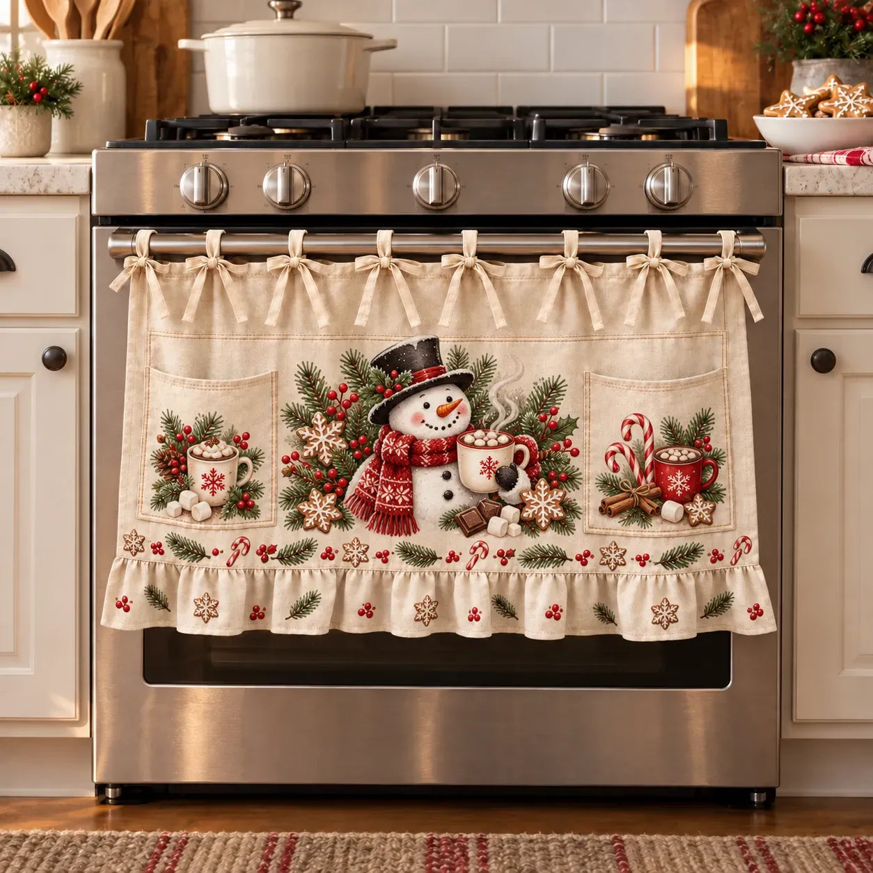 ⏳ Last Day 50% OFF – 🎄 Christmas Kitchen Tie-On Skirt | Festive Holiday Designs with Pockets & Ruffled Trim ✨