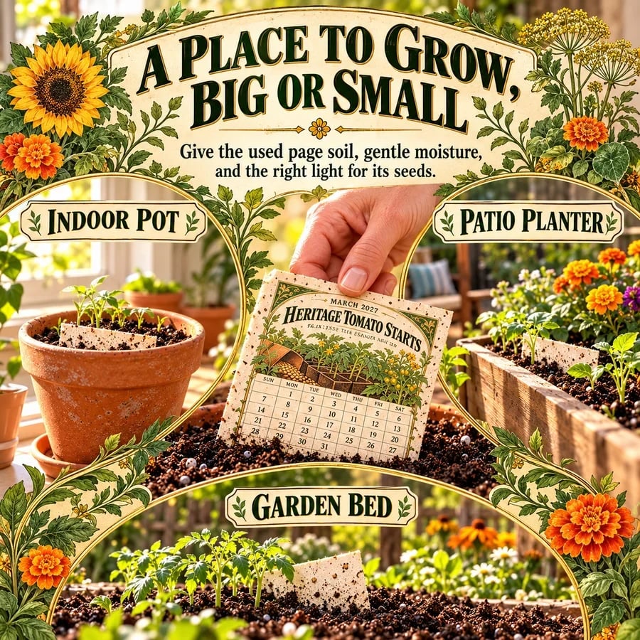 Plantable calendar page placed in garden soil for a new growing season