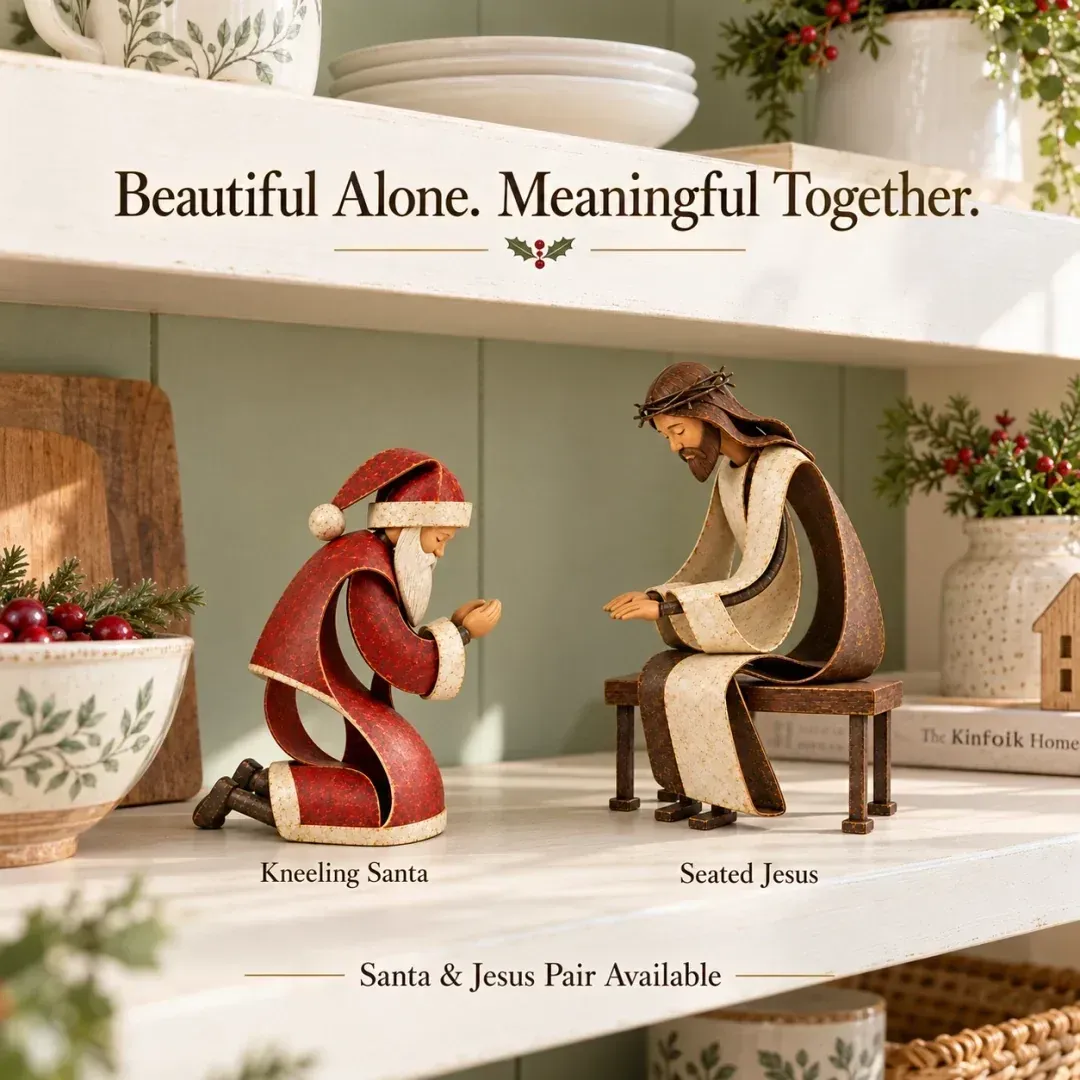 Kneeling Santa and seated Jesus displayed separately to show the available figurine styles