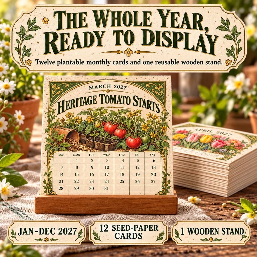 2027 plantable calendar ready to display on its wooden stand