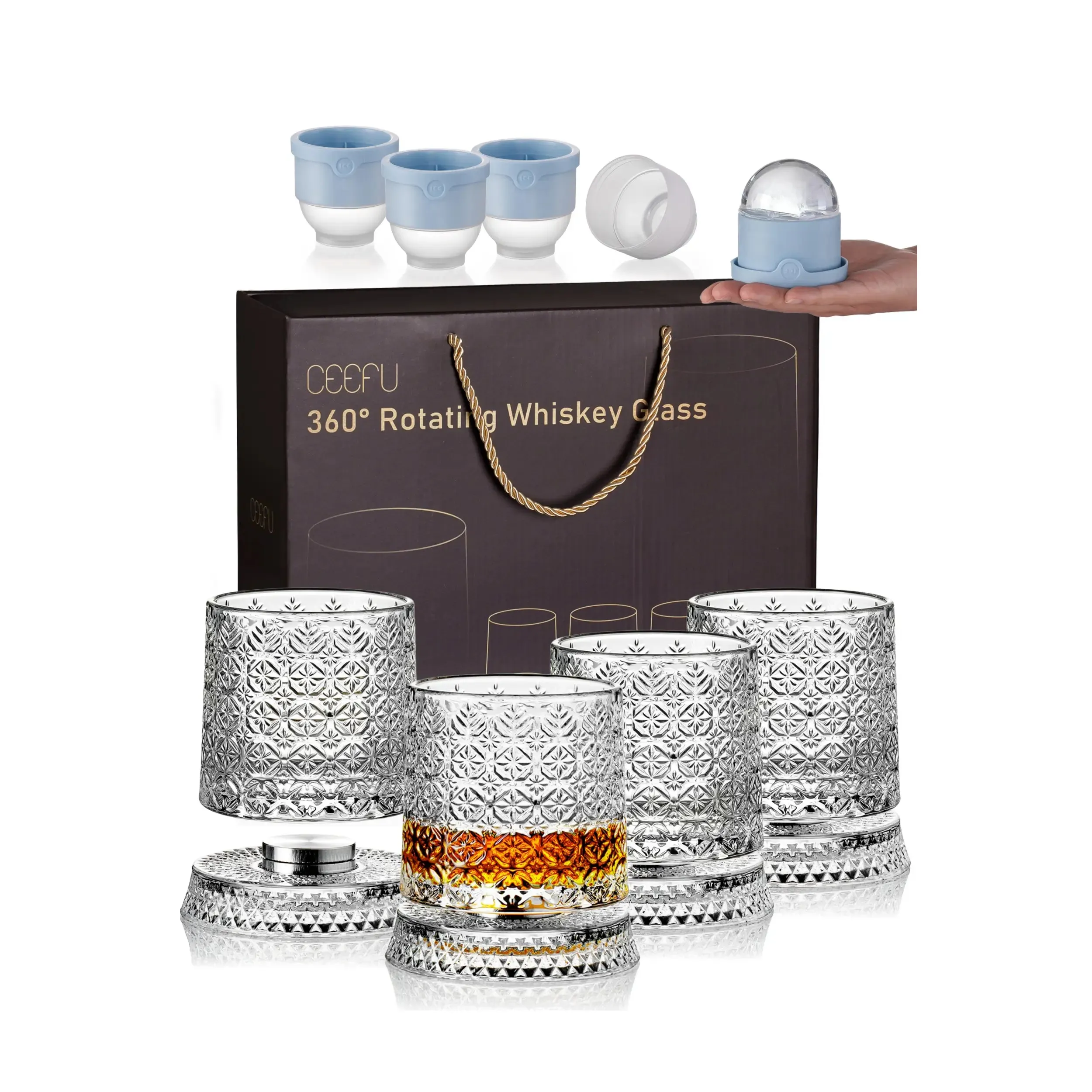 4-Pack Rotating Crystal Whiskey Glasses with4 Ice Ball Molds & 🎁Gift Box