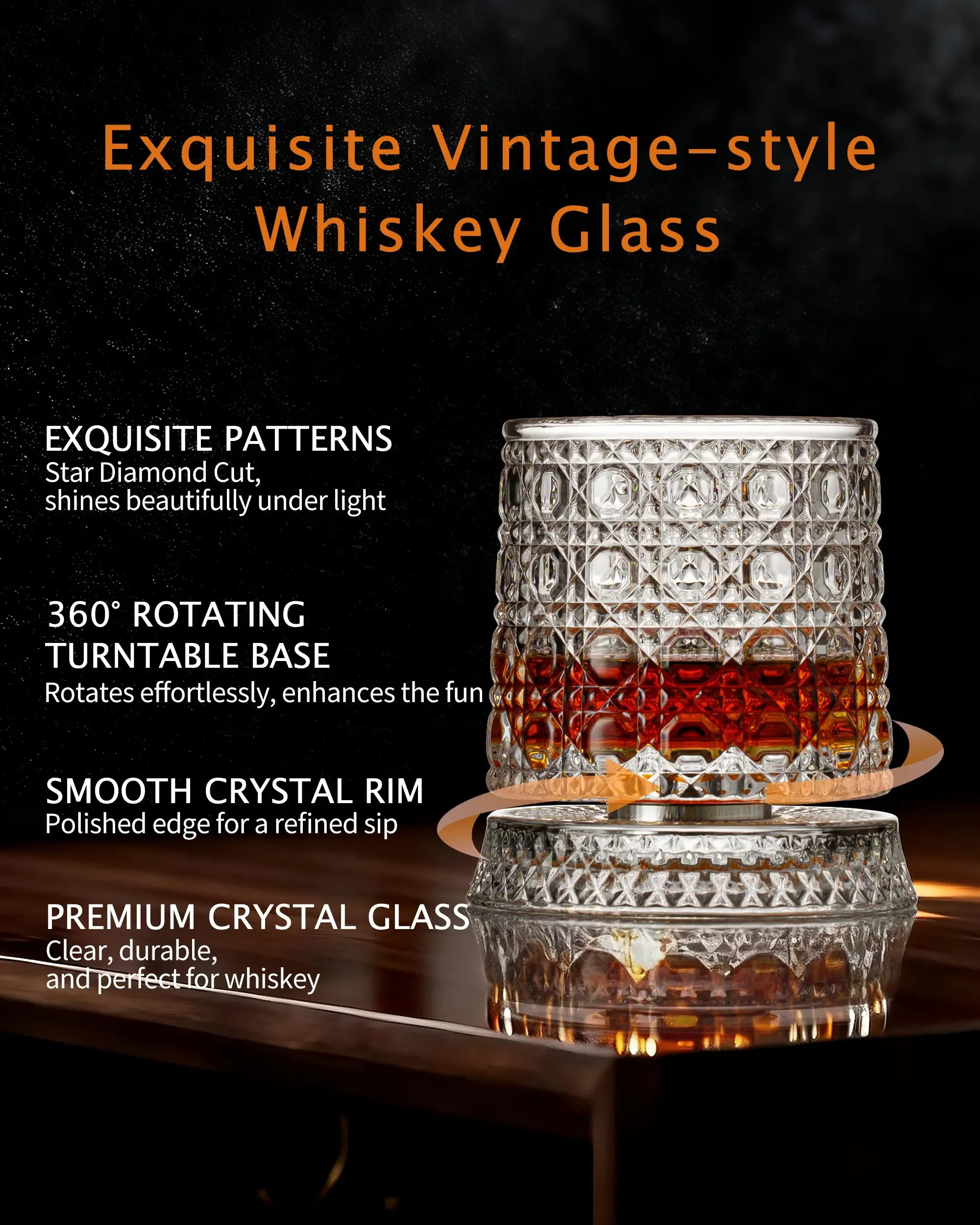 4-Pack Rotating Crystal Whiskey Glasses with4 Ice Ball Molds & 🎁Gift Box