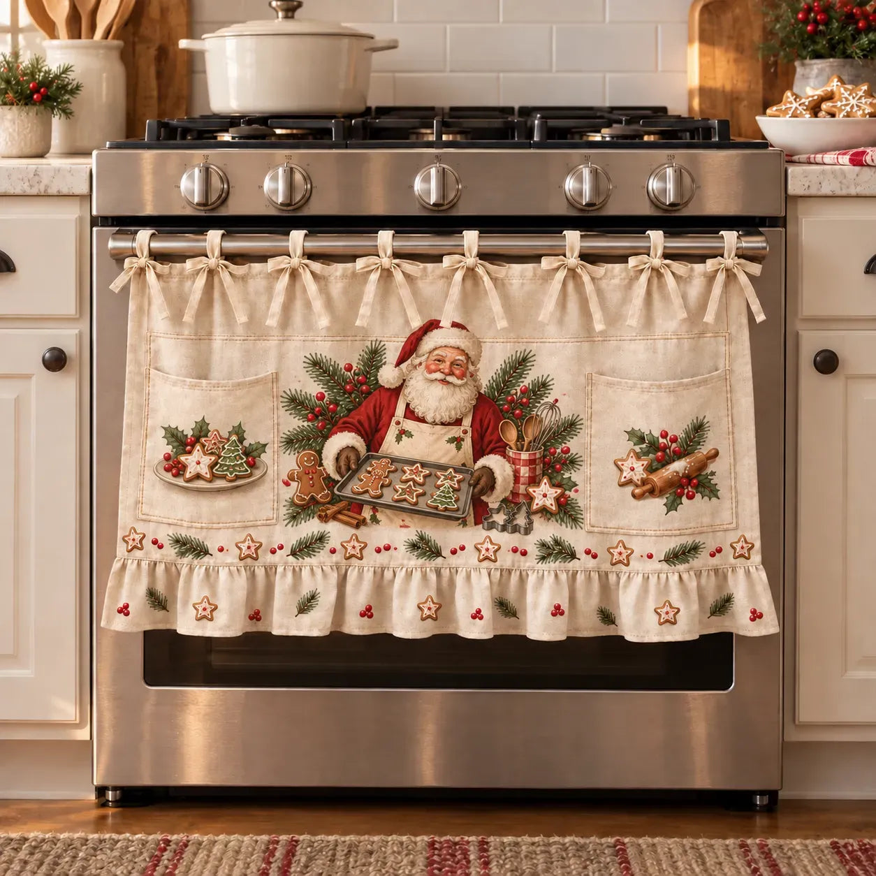 ⏳ Last Day 50% OFF – 🎄 Christmas Kitchen Tie-On Skirt | Festive Holiday Designs with Pockets & Ruffled Trim ✨