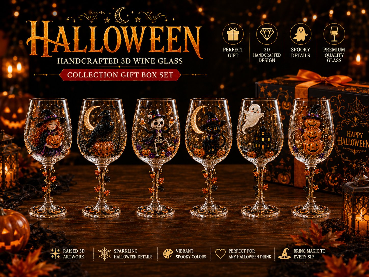Six Halloween 3D wine glasses collection