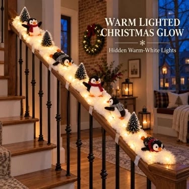 Warm glowing lighted penguin Christmas staircase decoration