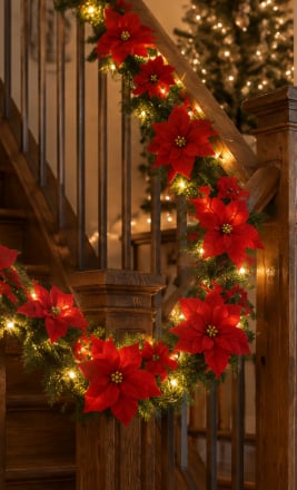Poinsettia flower and berry garland holiday decoration