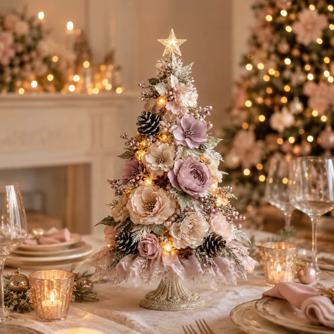 Blush Bloom pre-lit floral Christmas tree on an elegant holiday table