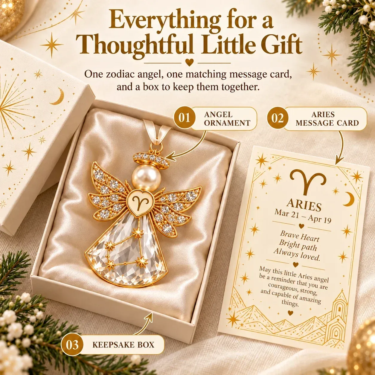 Product information graphic showing one zodiac ornament, matching card and keepsake box