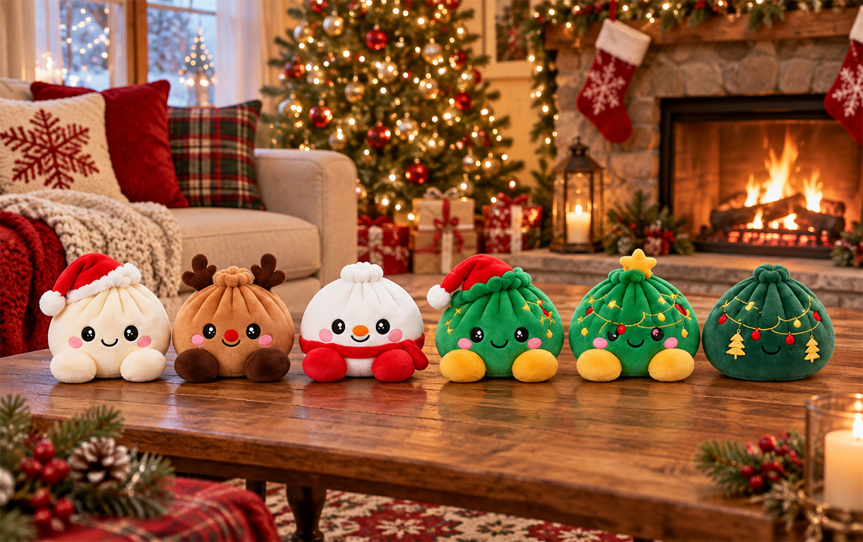 Christmas dumpling characters including Santa reindeer and Christmas tree