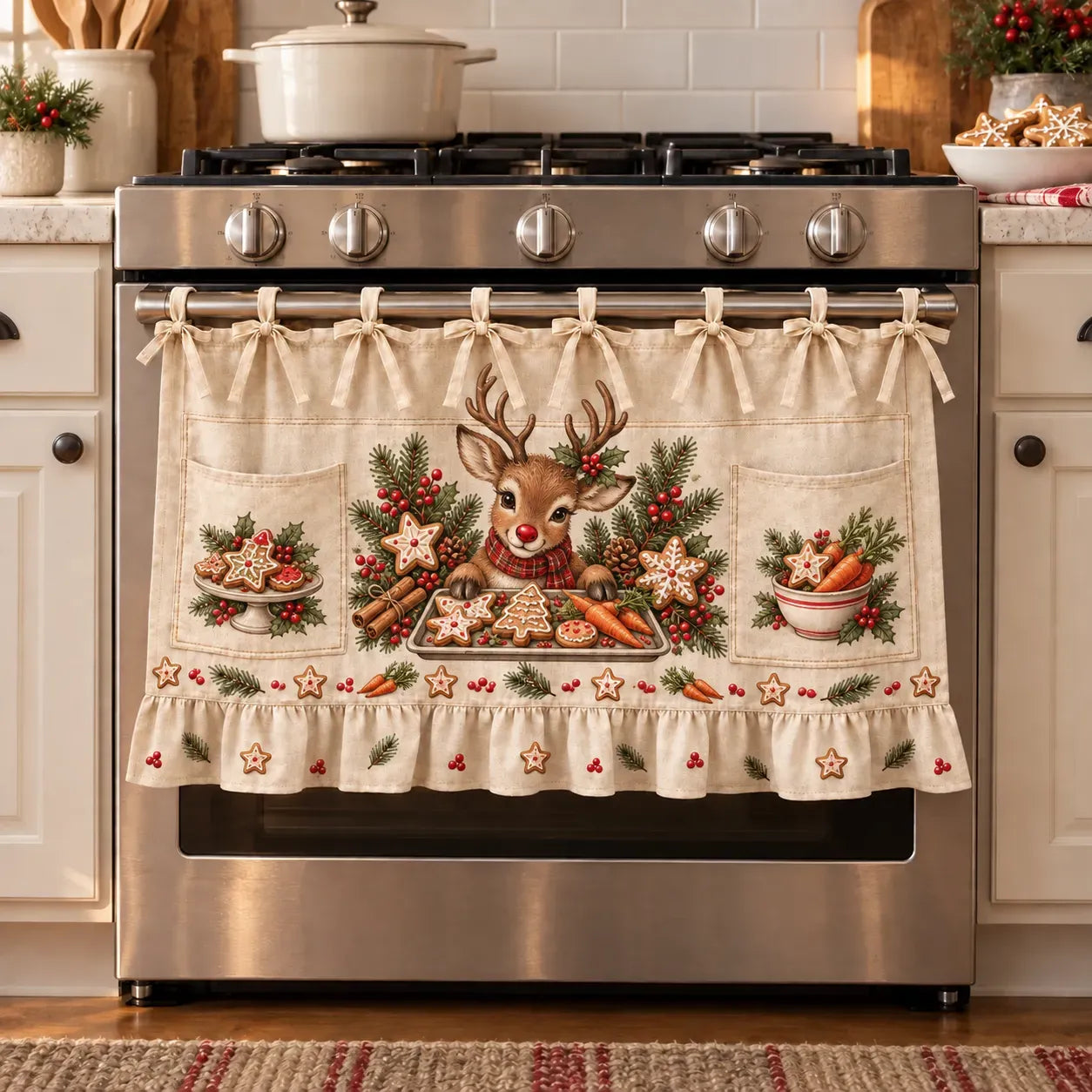 ⏳ Last Day 50% OFF – 🎄 Christmas Kitchen Tie-On Skirt | Festive Holiday Designs with Pockets & Ruffled Trim ✨