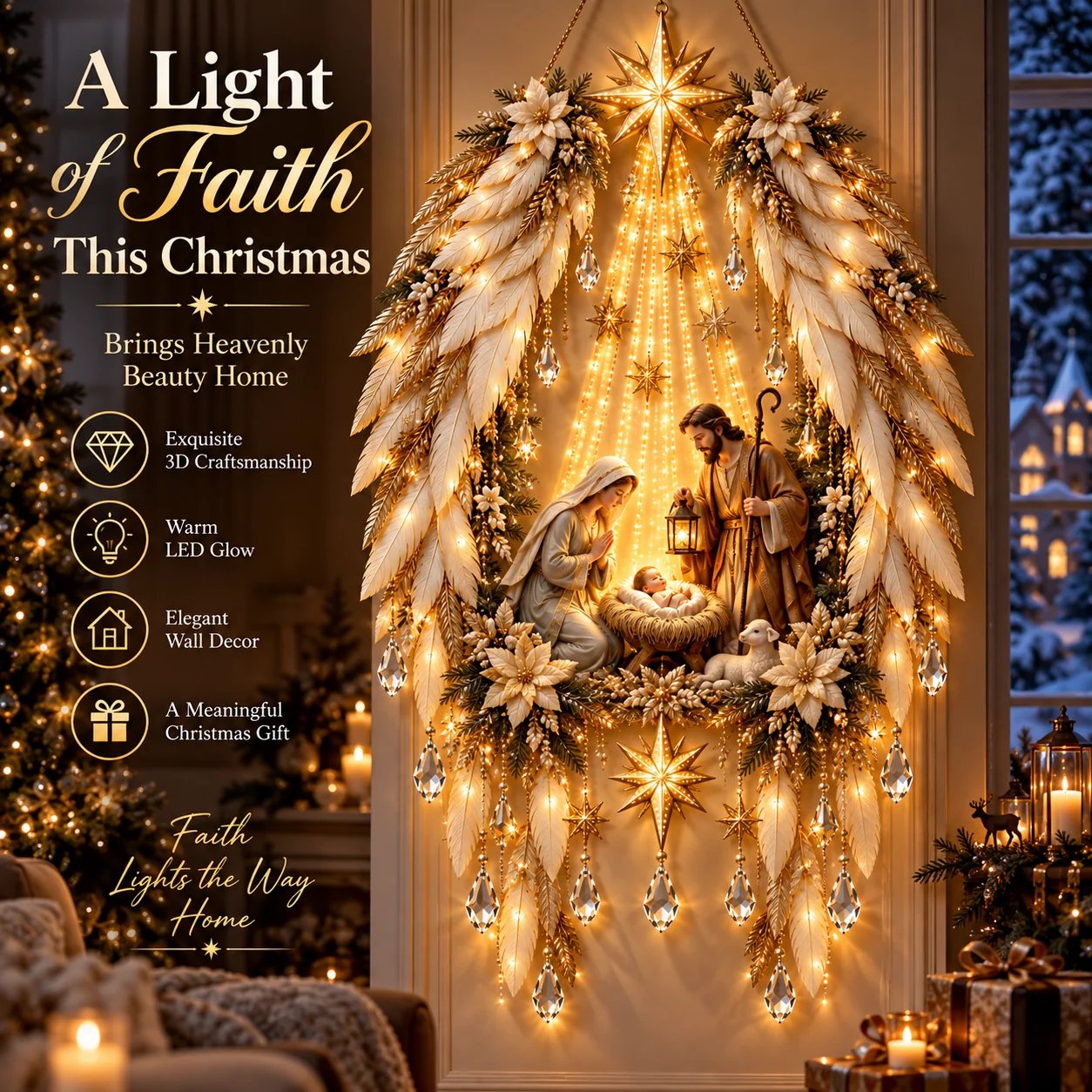 BestJas Light of Faith Christmas Nativity wall decor with Bethlehem Star and warm cascading lights
