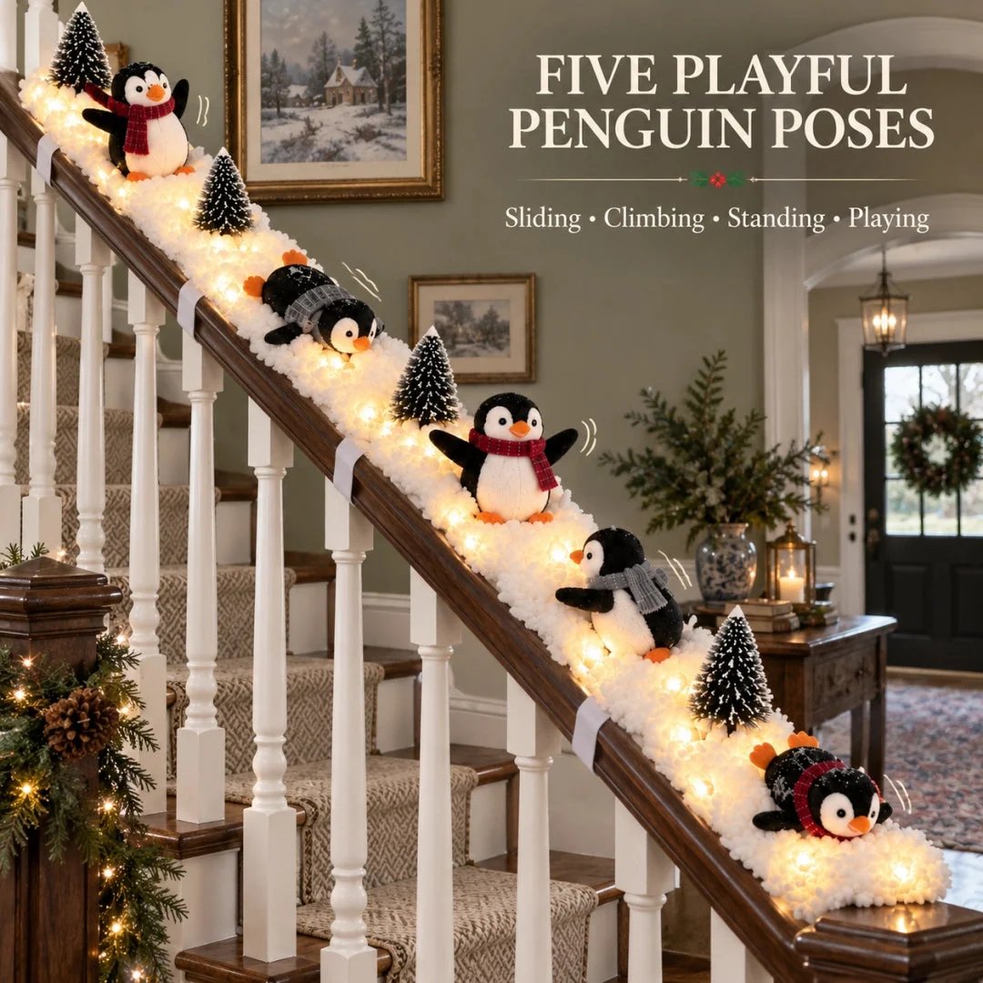 Five playful penguin poses displayed along a Christmas stair railing