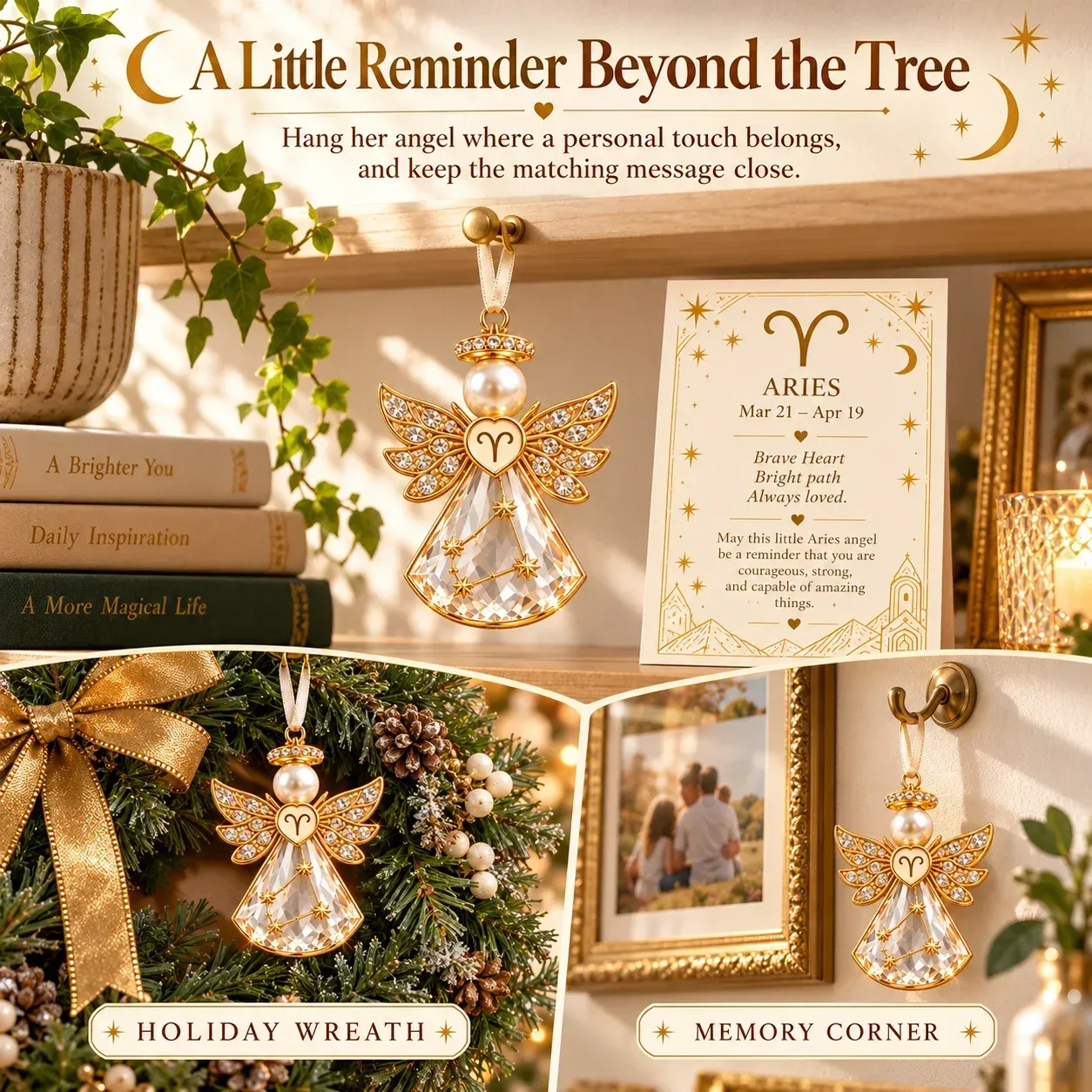 Zodiac keepsake shown in a seasonal display beyond the tree