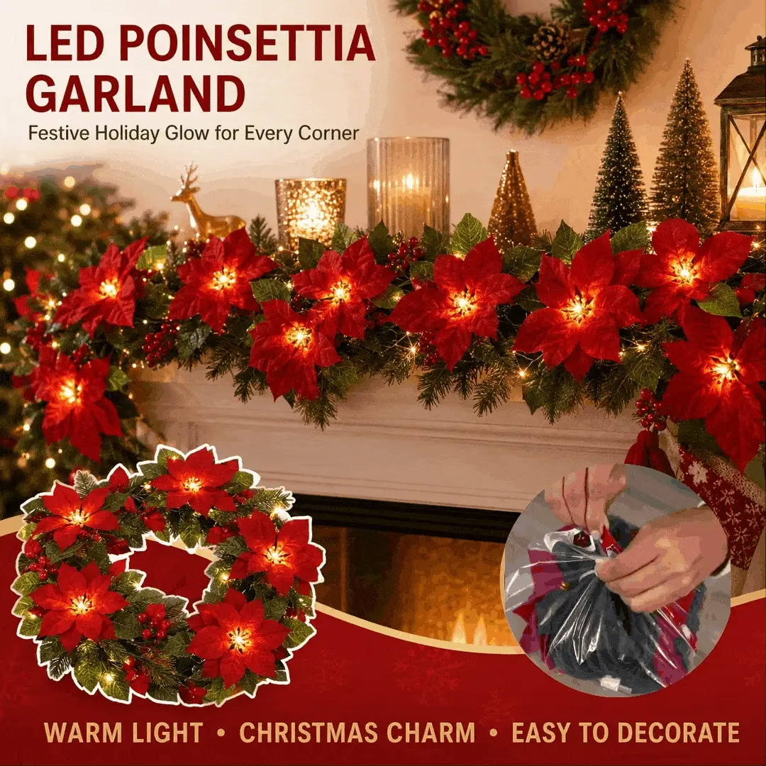 🎄Christmas Gift Decor – Poinsettia LED Garland String Lights✨