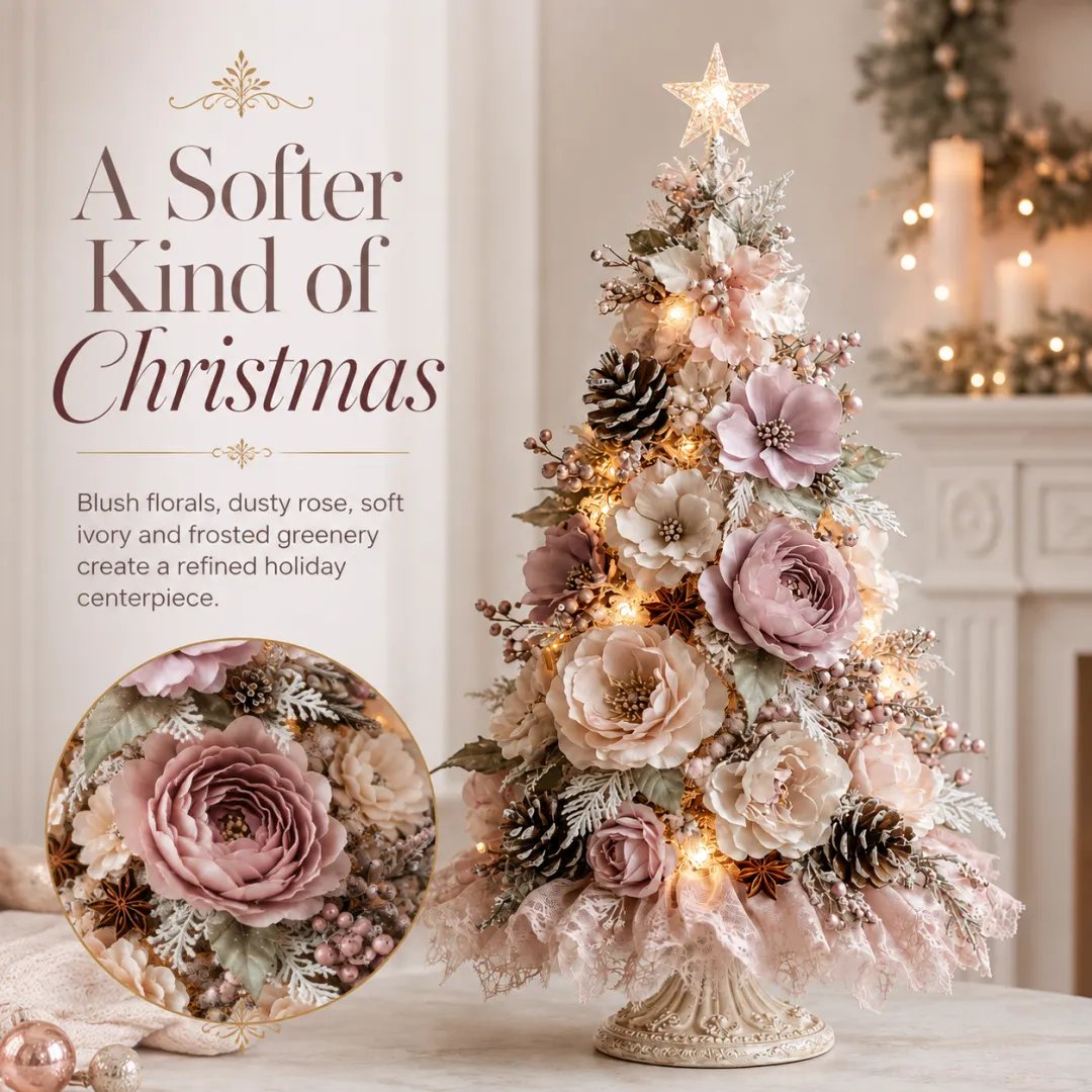 Blush floral Christmas tree detail with dusty rose ivory flowers frosted greenery and pinecones