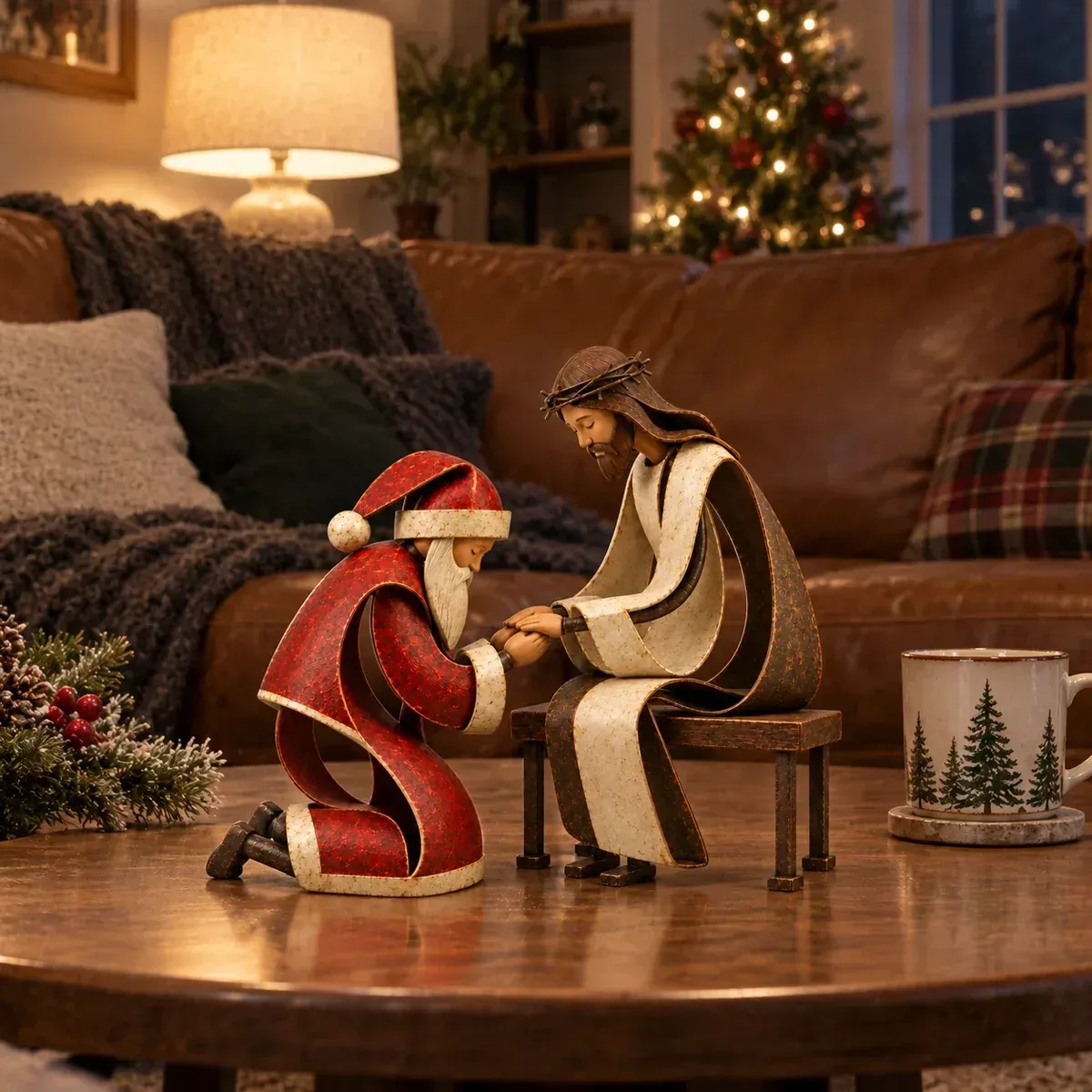 Santa kneeling before seated Jesus in a warmly decorated Christmas living room