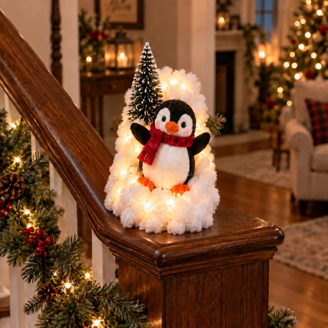 Cheerful penguin with red scarf Christmas railing decoration