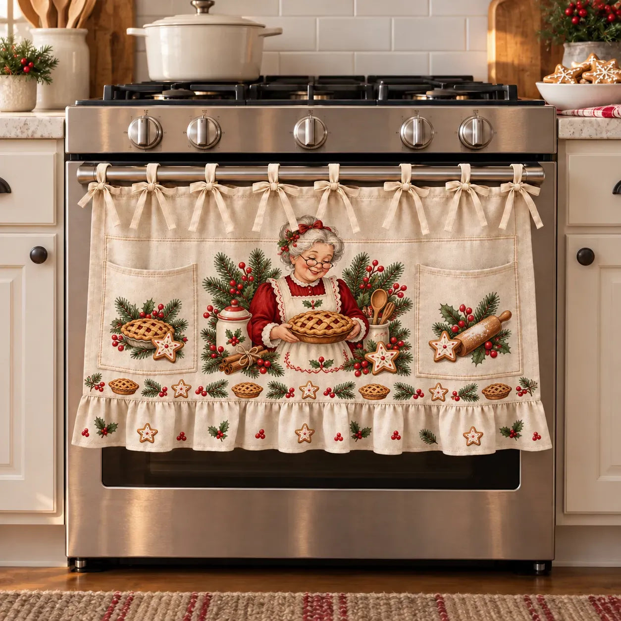 ⏳ Last Day 50% OFF – 🎄 Christmas Kitchen Tie-On Skirt | Festive Holiday Designs with Pockets & Ruffled Trim ✨