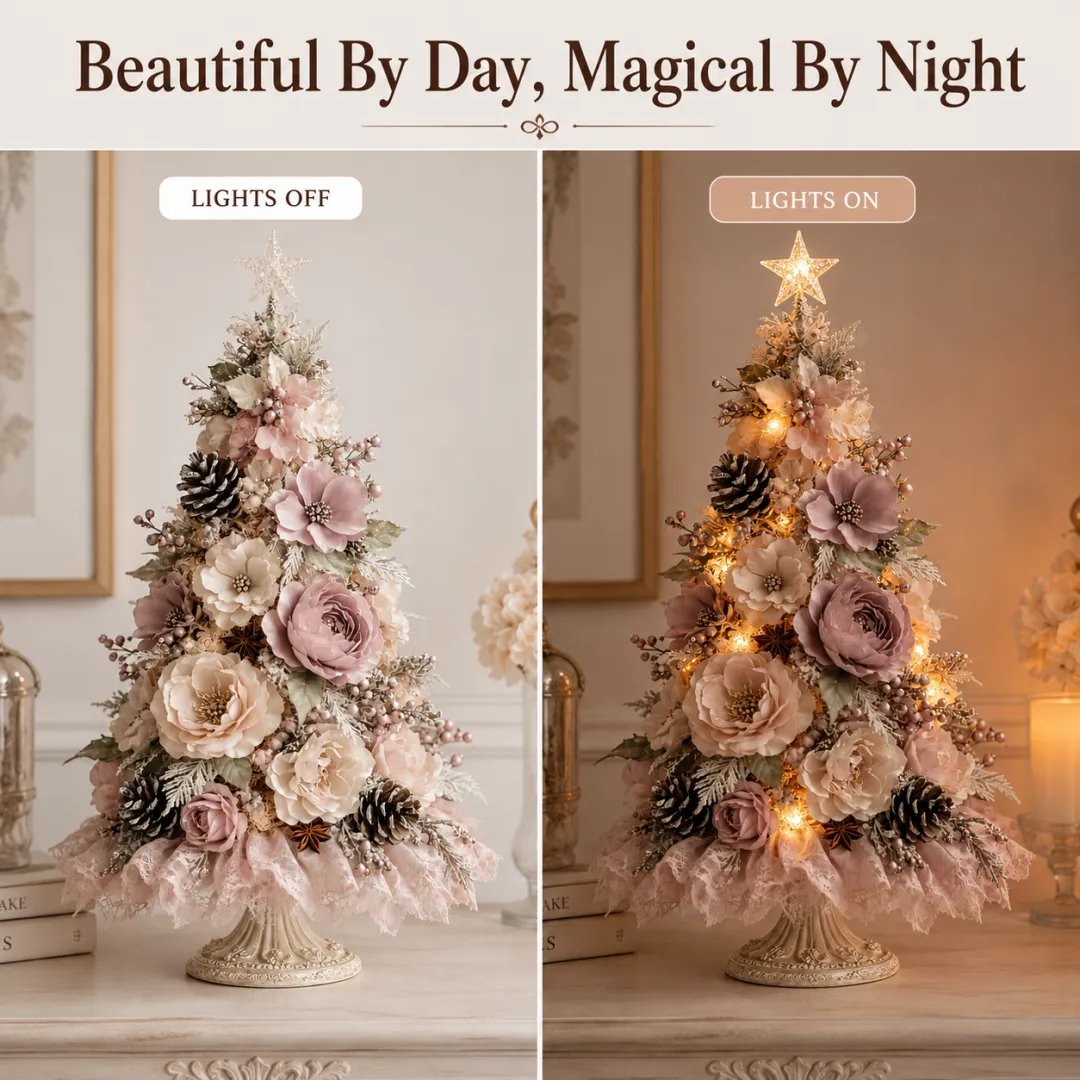 Blush Bloom floral Christmas tree lights off and lights on comparison