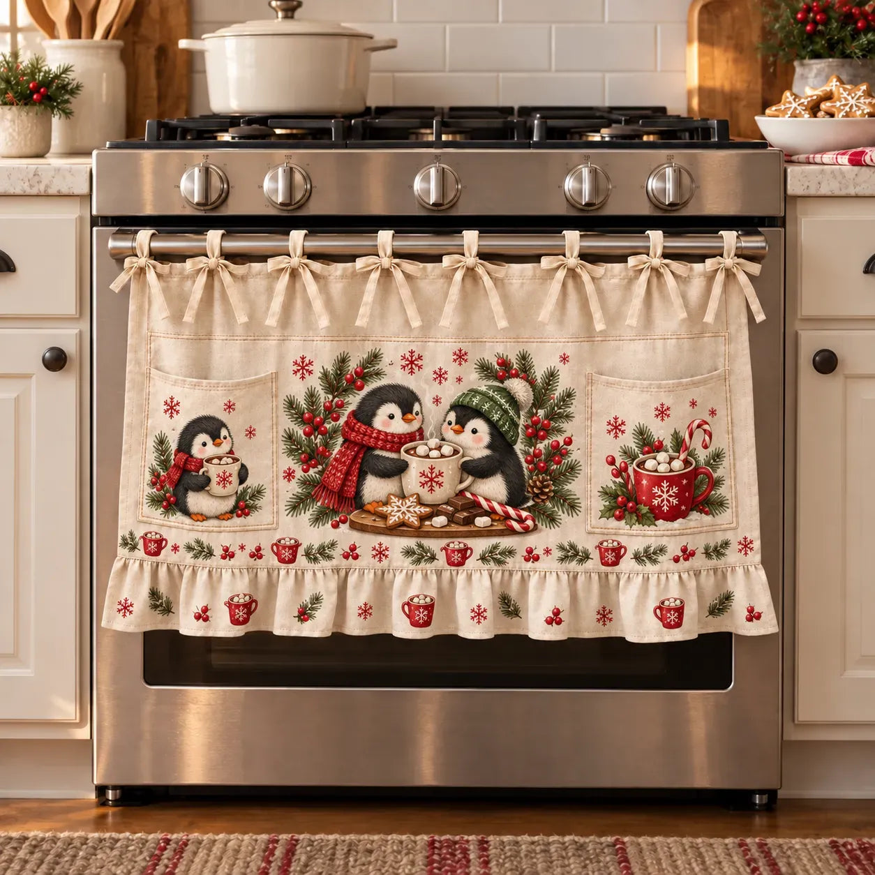 ⏳ Last Day 50% OFF – 🎄 Christmas Kitchen Tie-On Skirt | Festive Holiday Designs with Pockets & Ruffled Trim ✨