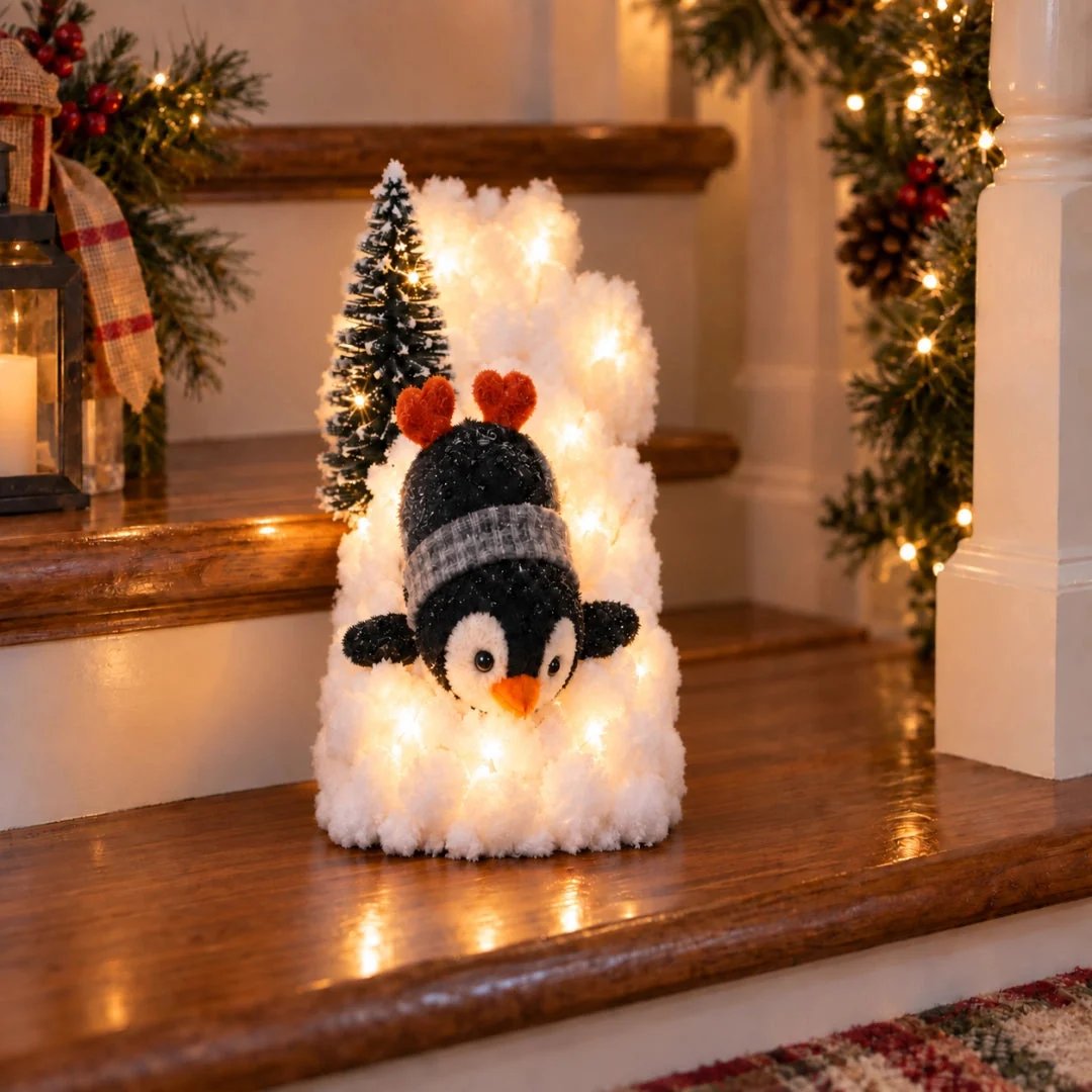 Penguin with gray scarf in illuminated snow Christmas decor