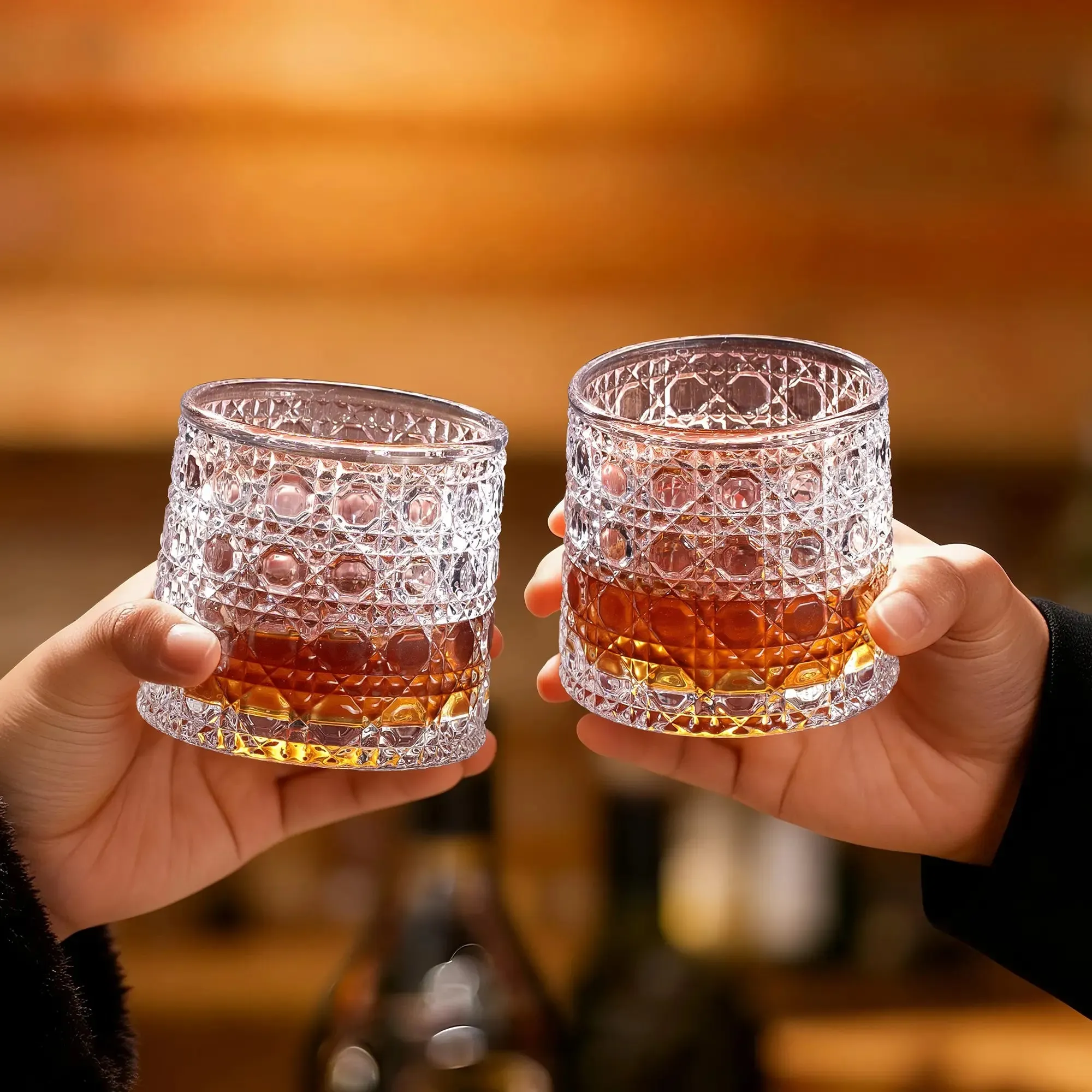 4-Pack Rotating Crystal Whiskey Glasses with4 Ice Ball Molds & 🎁Gift Box
