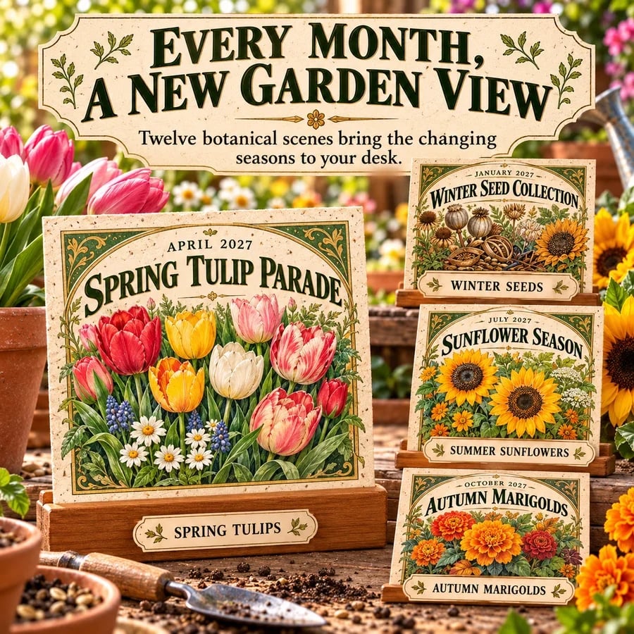 Collection of changing botanical monthly scenes in the 2027 Heirloom Garden calendar