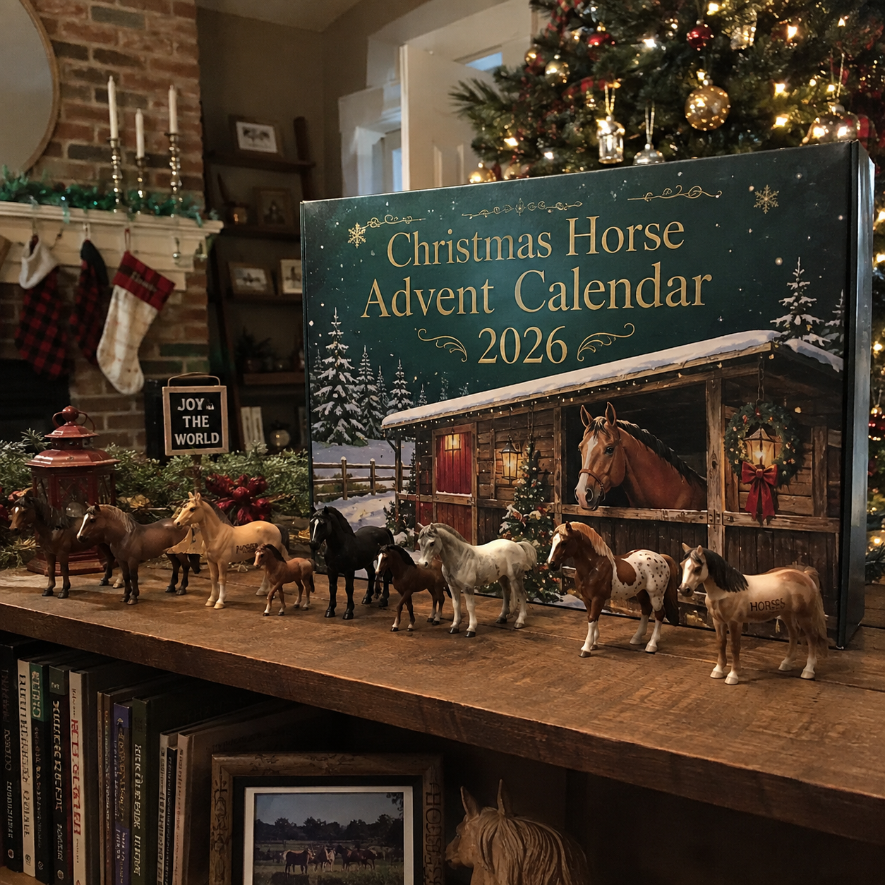 Horse advent calendar displayed near a Christmas tree
