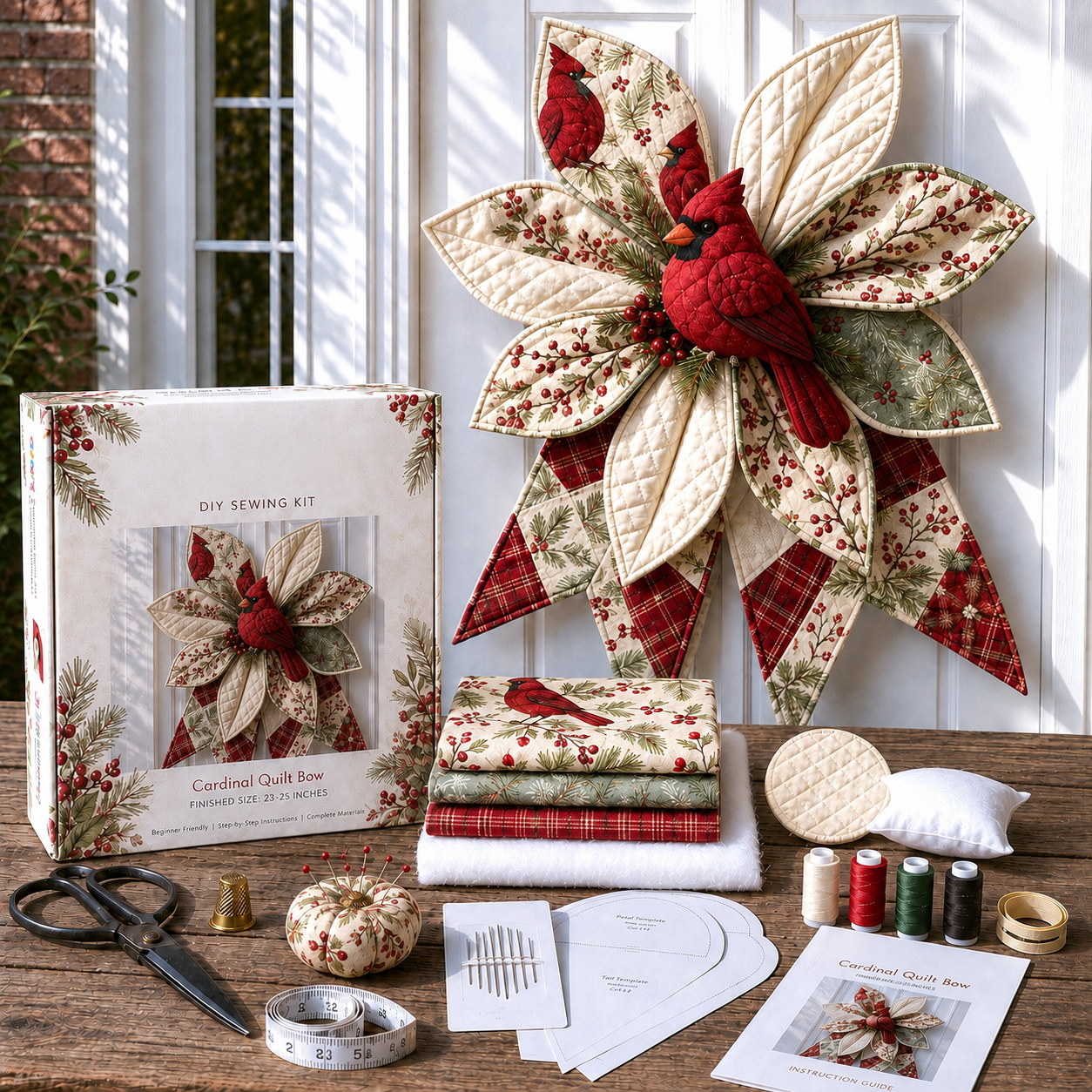Cardinal Quilt Bow DIY Sewing Kit with red cardinal bird and Christmas fabrics