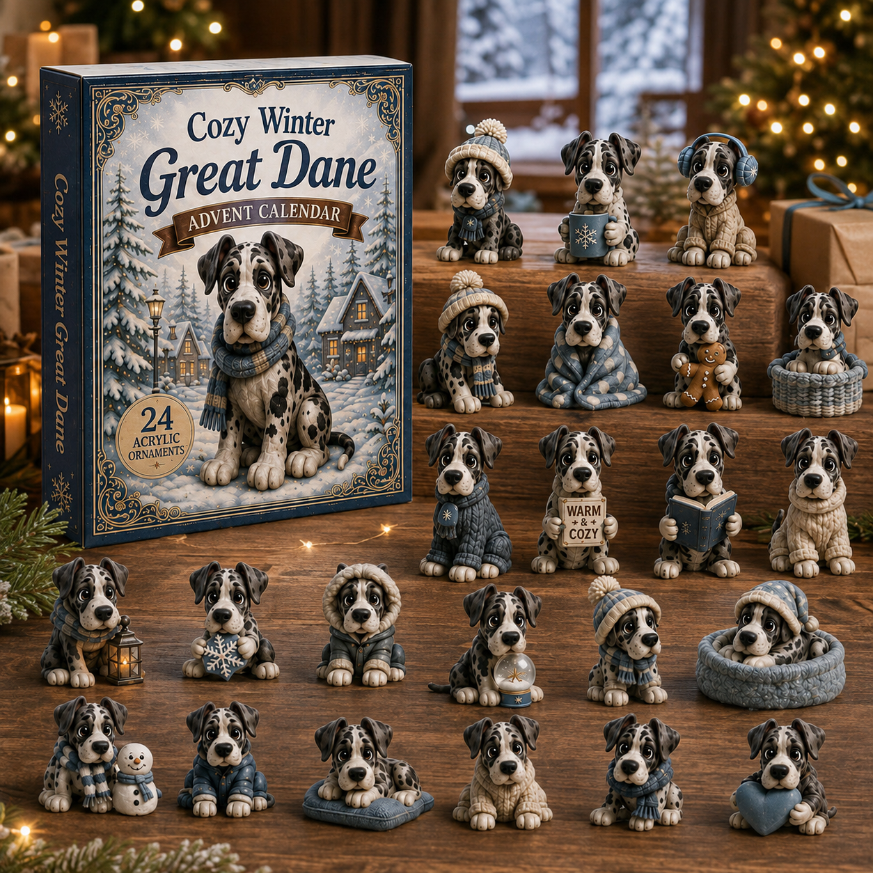 Great Dane advent calendar displayed in a warm Christmas room