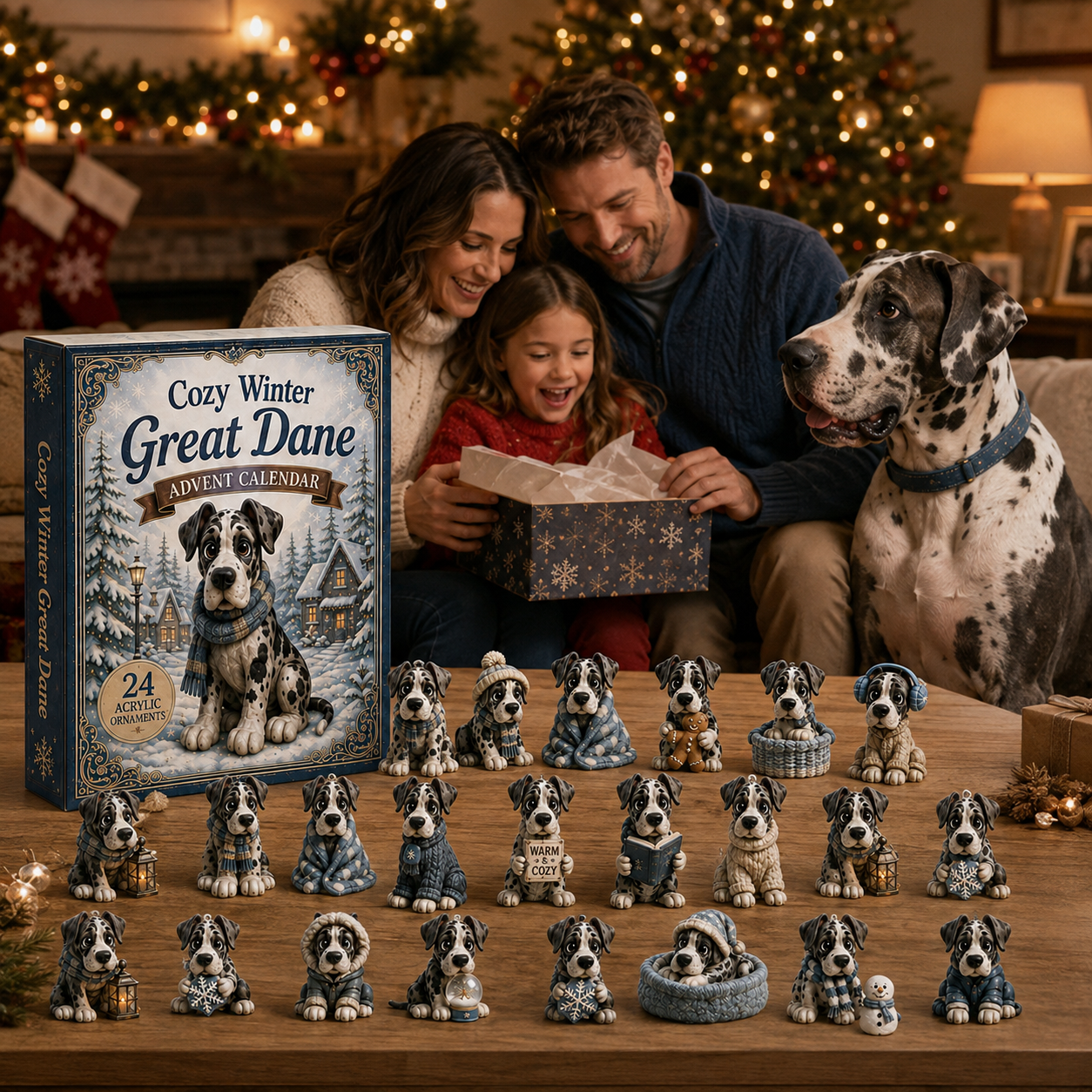Family and Great Dane enjoying Christmas gift moment