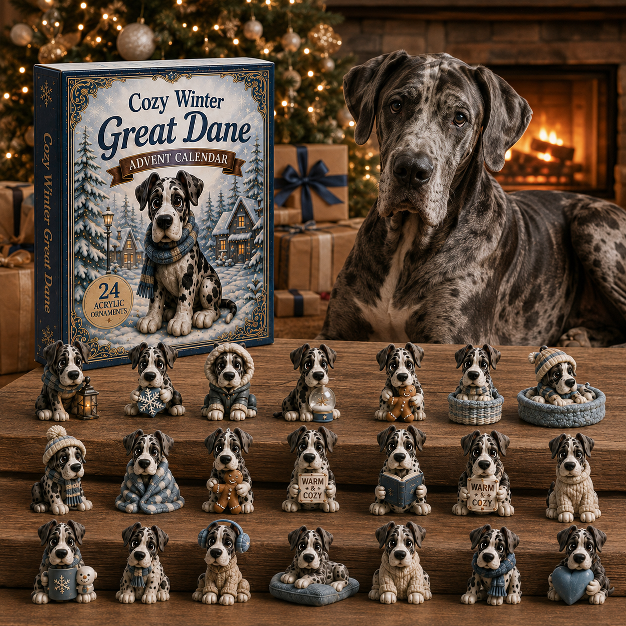 Great Dane Advent Calendar beside a real Great Dane at Christmas
