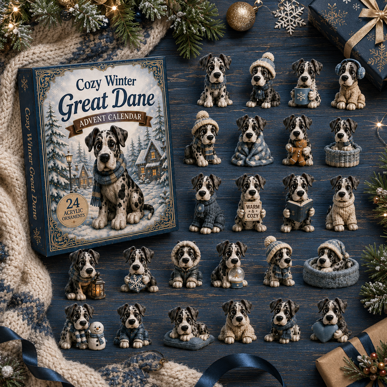 Full Great Dane acrylic ornament collection flat lay