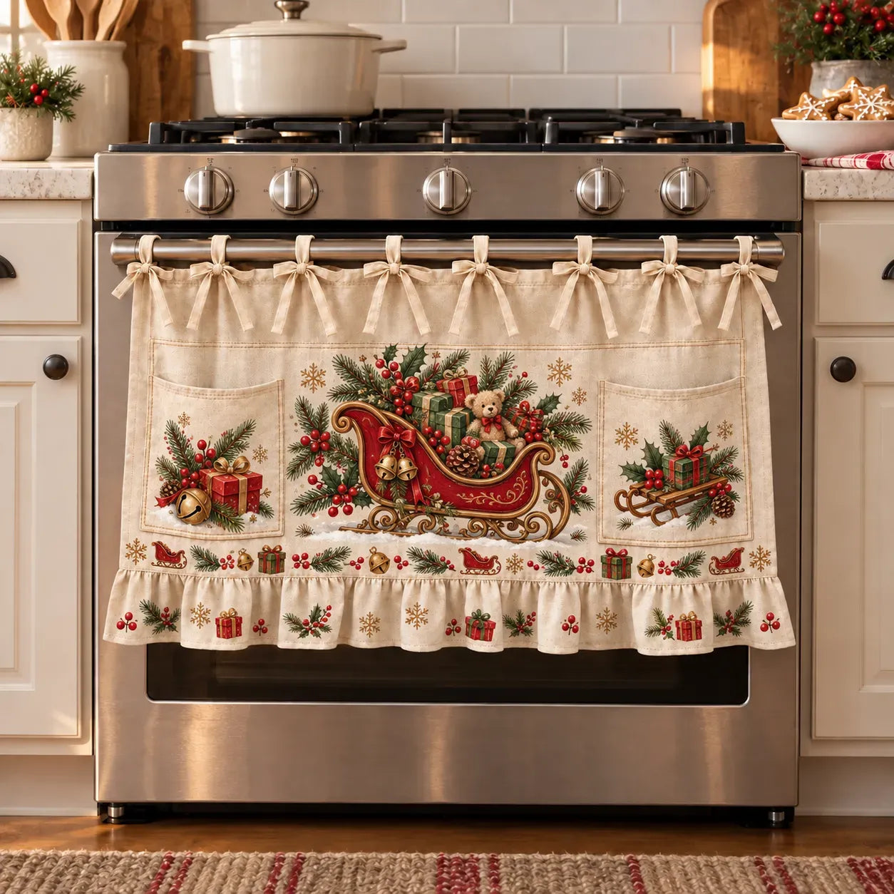 ⏳ Last Day 50% OFF – 🎄 Christmas Kitchen Tie-On Skirt | Festive Holiday Designs with Pockets & Ruffled Trim ✨