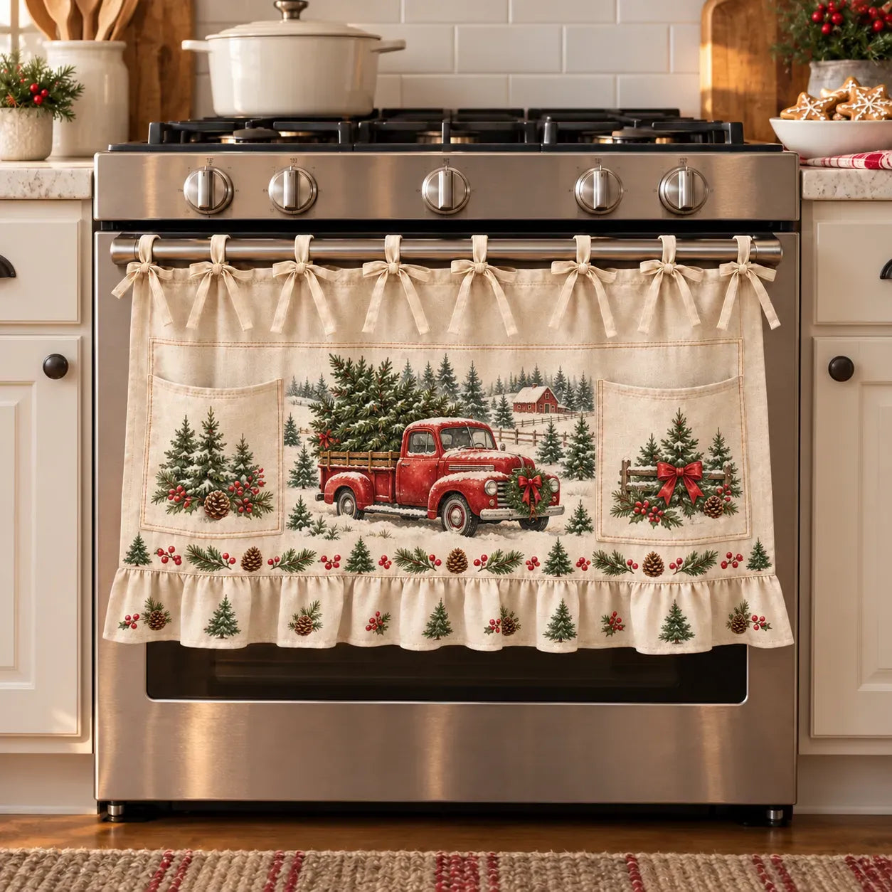 ⏳ Last Day 50% OFF – 🎄 Christmas Kitchen Tie-On Skirt | Festive Holiday Designs with Pockets & Ruffled Trim ✨