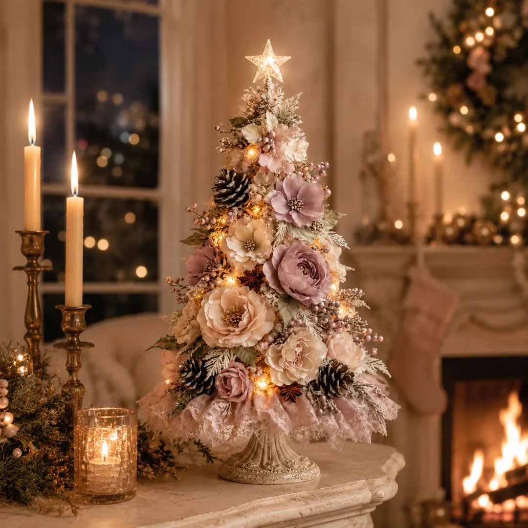 Blush Bloom pre-lit floral Christmas tree glowing beside a fireplace at night
