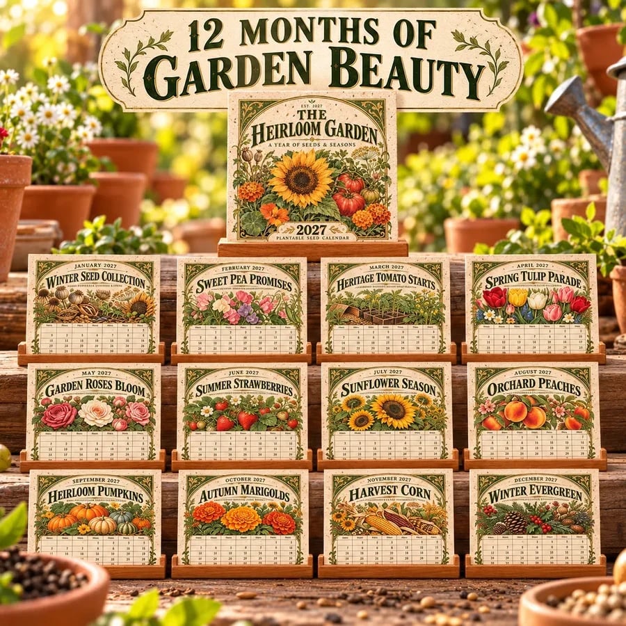 Twelve monthly botanical calendar cards shown together with a wooden stand