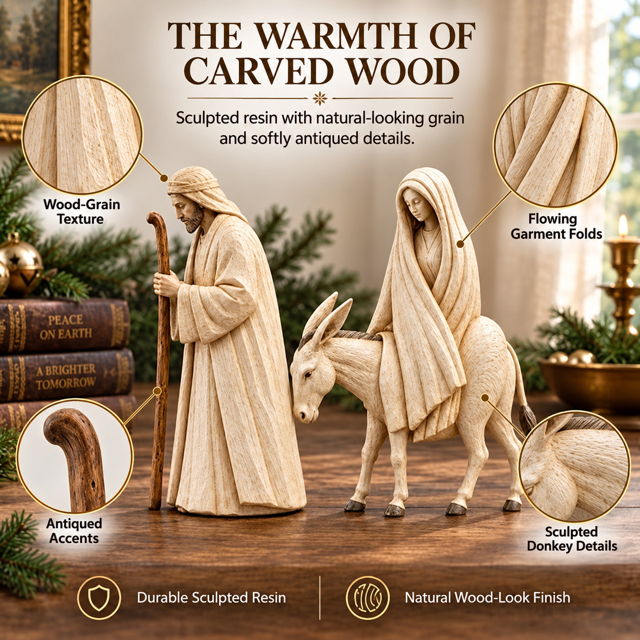 Detailed wood-look texture of Journey to Bethlehem figurines