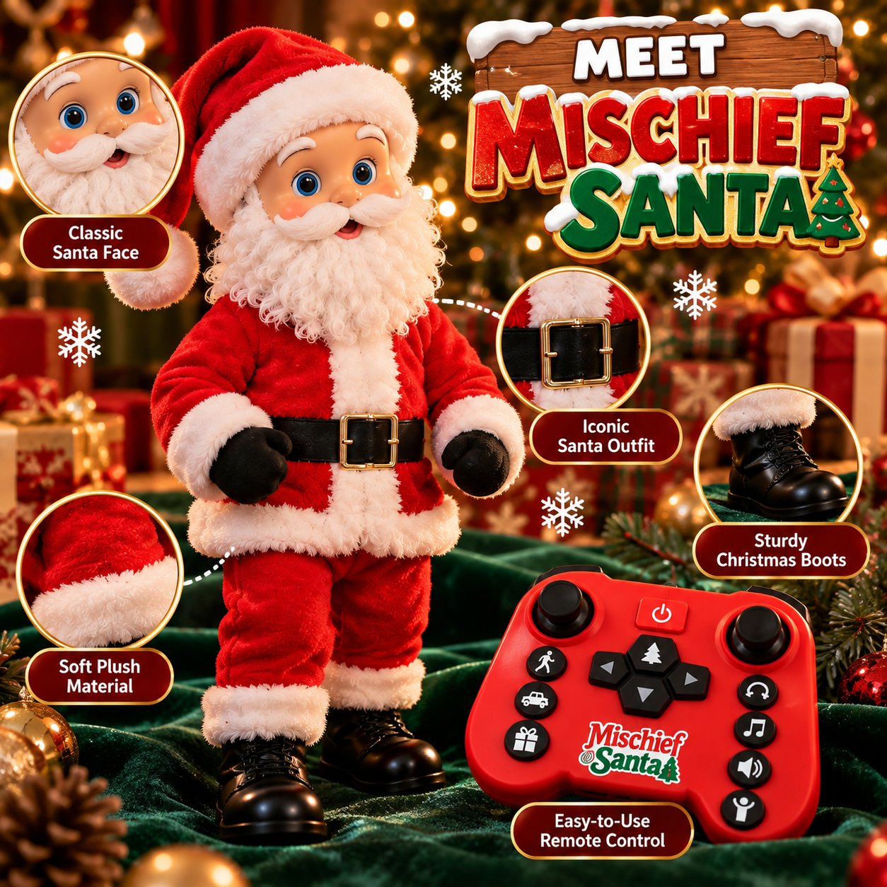 Santa figure and red remote controller with close-up views of the beard, suit, belt and boots