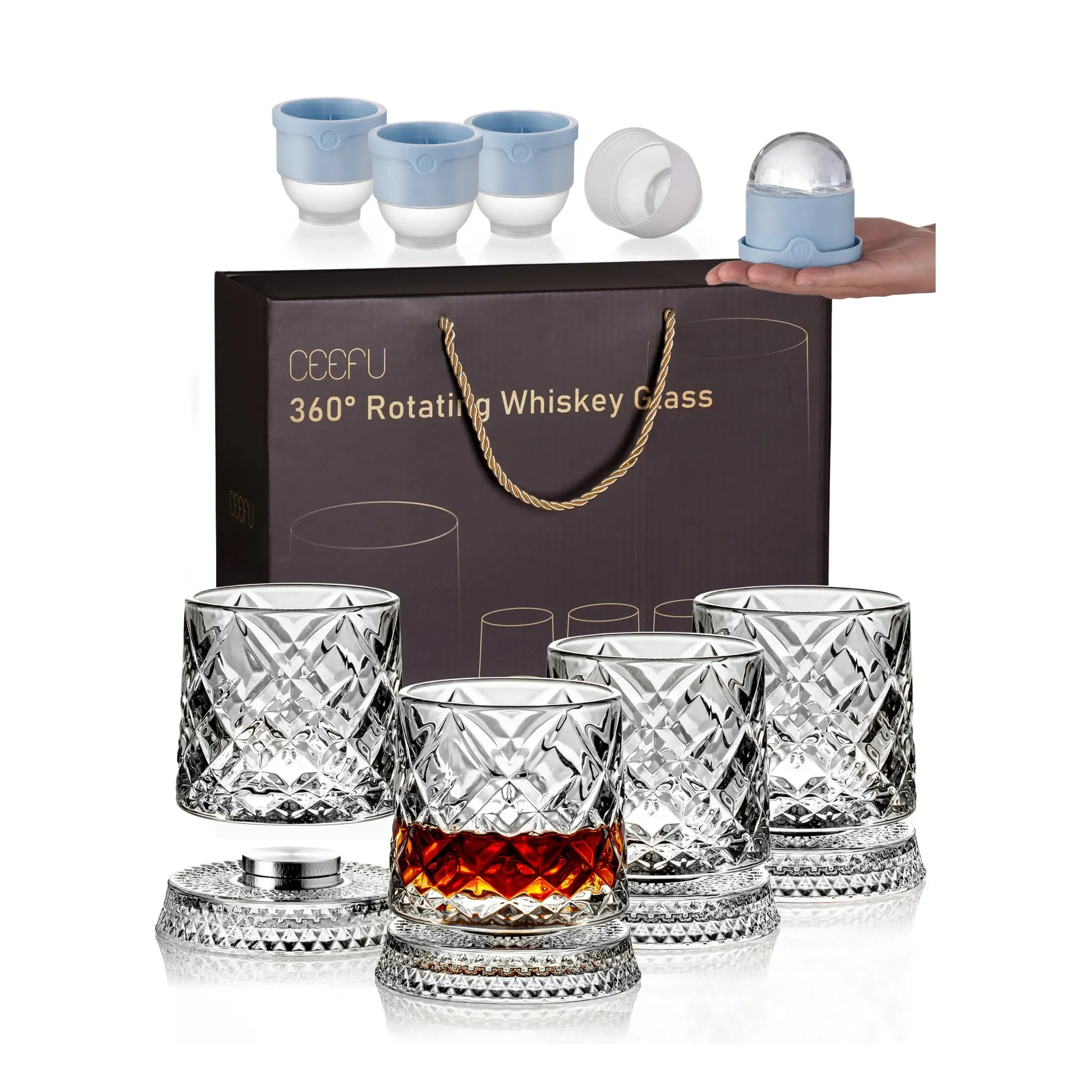 4-Pack Rotating Crystal Whiskey Glasses with4 Ice Ball Molds & 🎁Gift Box
