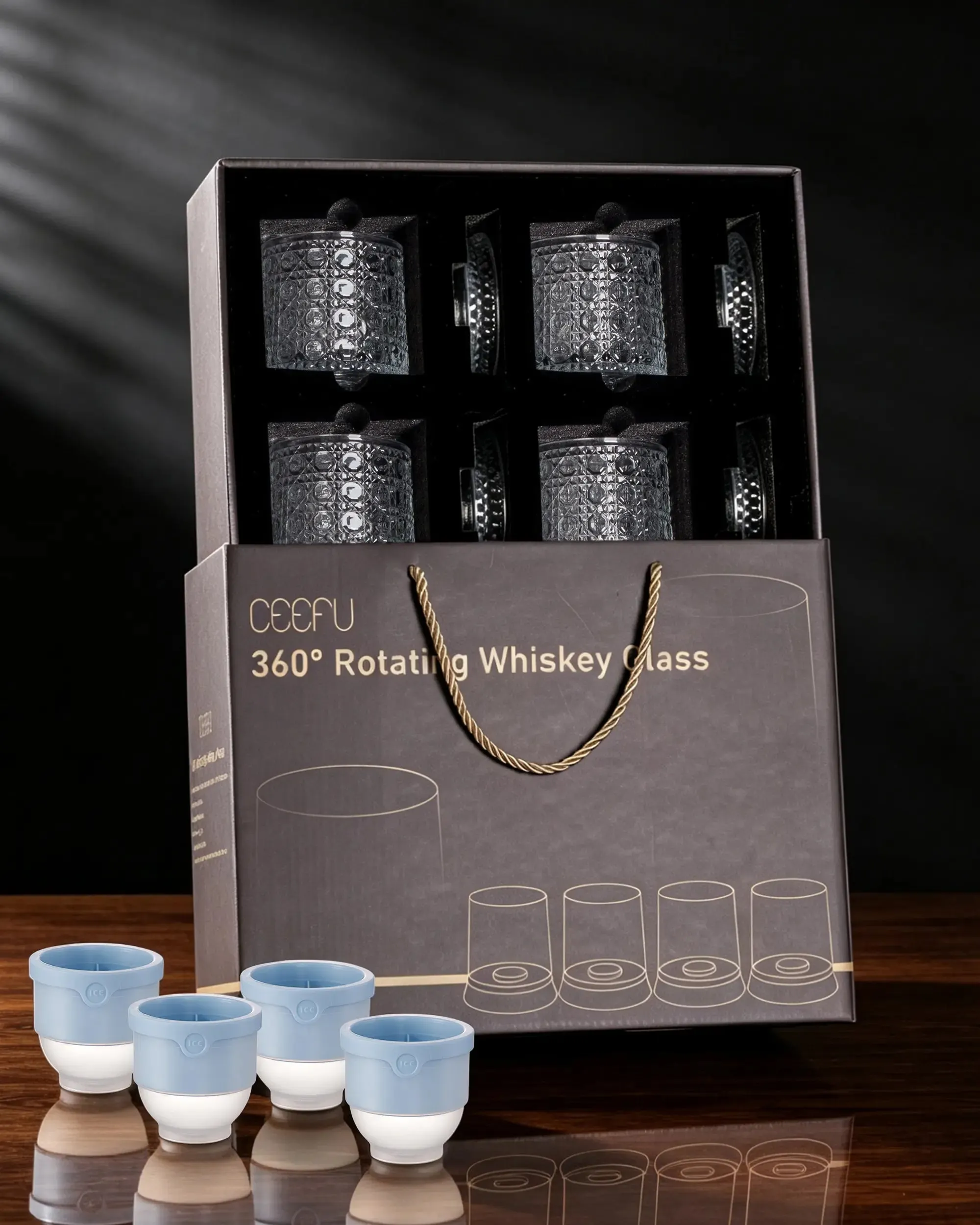 4-Pack Rotating Crystal Whiskey Glasses with4 Ice Ball Molds & 🎁Gift Box